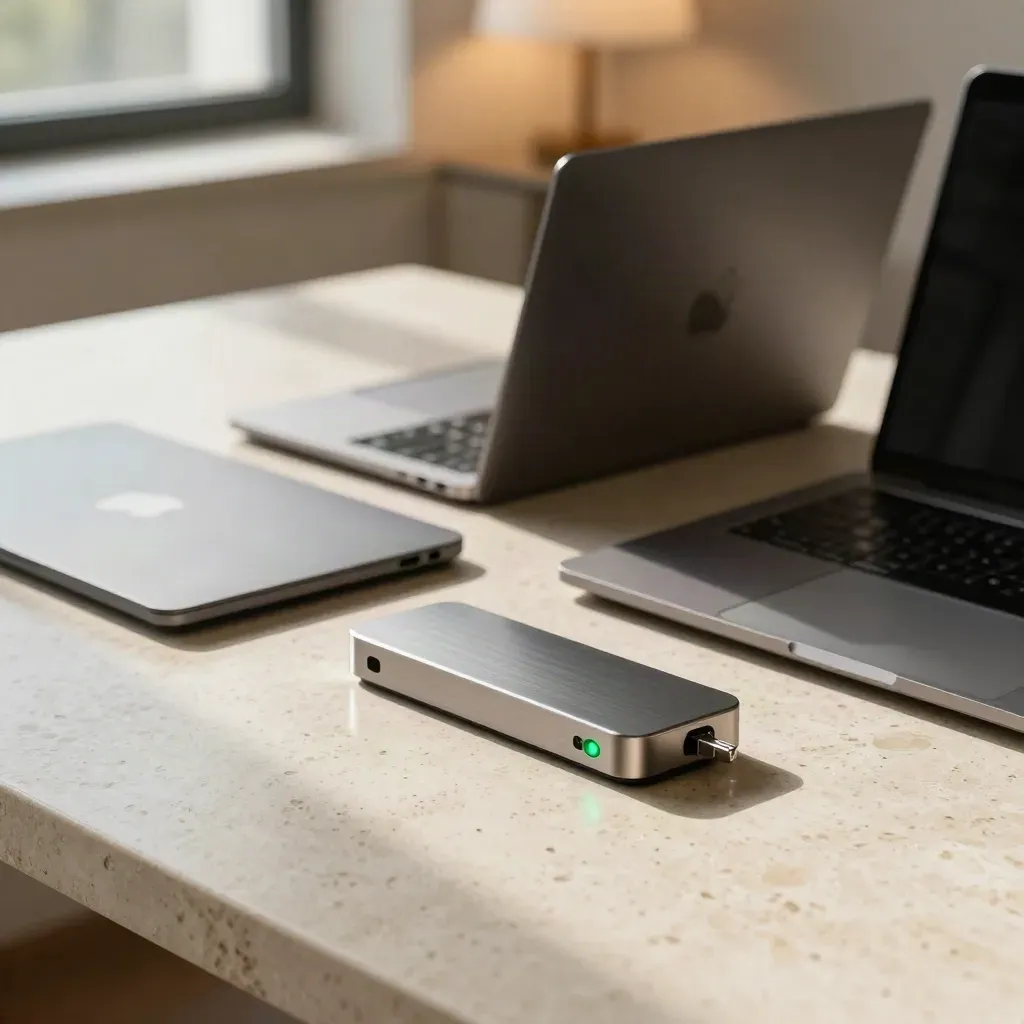 Tre laptop chiusi, chiave di sicurezza e dock su scrivania in pietra con luce calda.