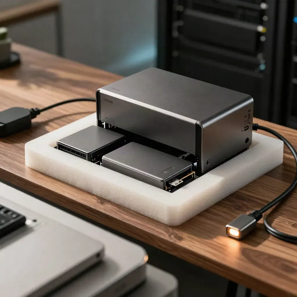 SSD esterni e NAS compatto pronti per il backup e il ripristino, su banco tecnico.