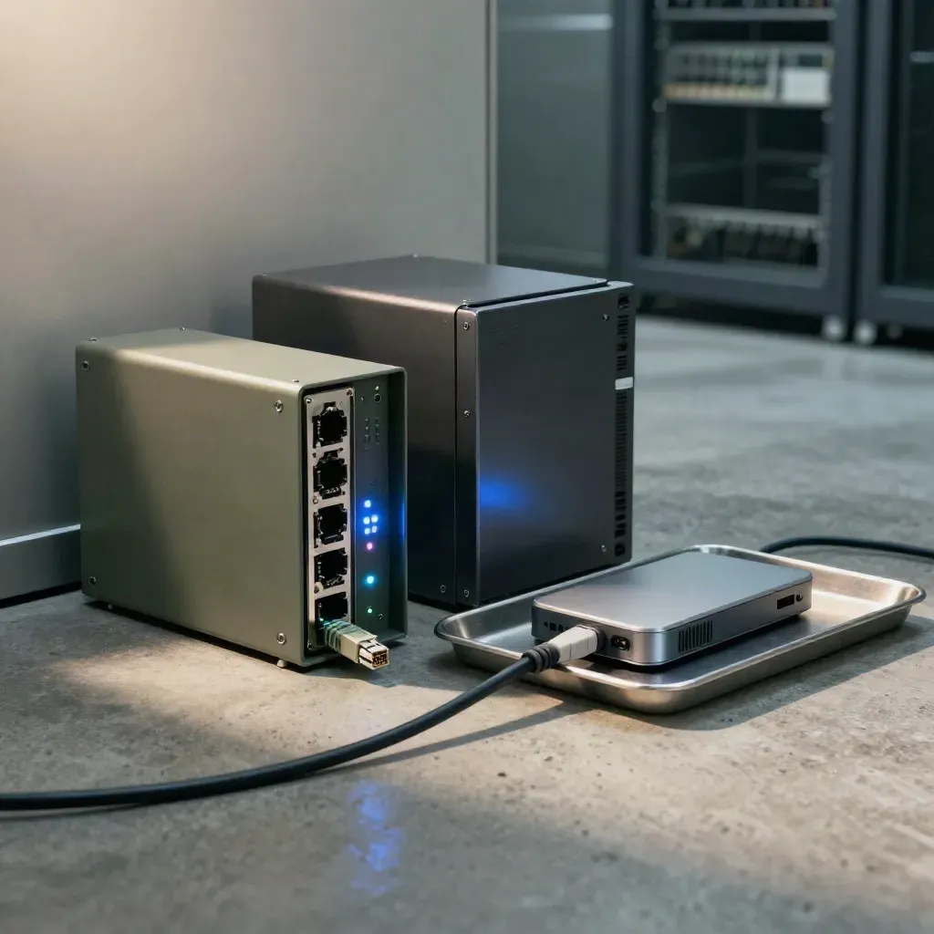 Cavo scollegato, switch e firewall su metallo, con dispositivo isolato e luce fredda.