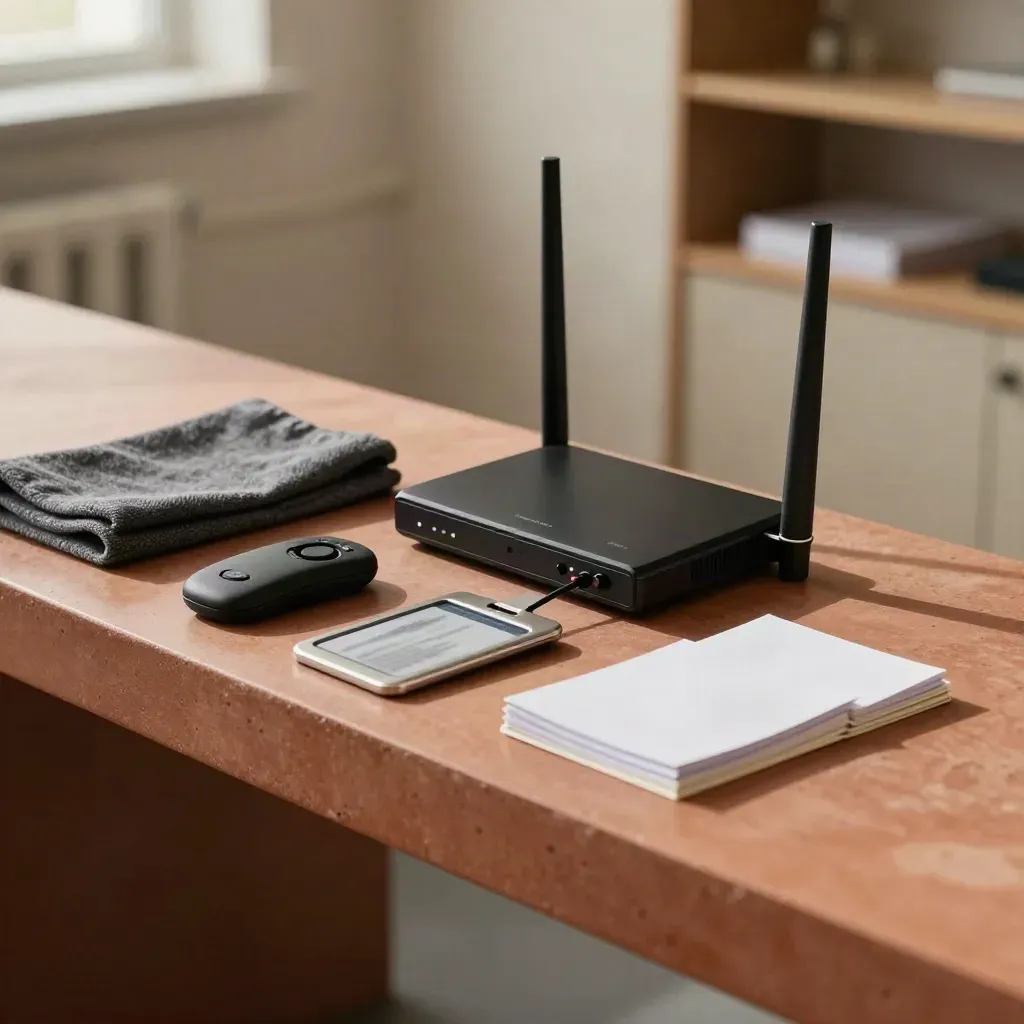 Kit per audit e formazione con clicker, lettore badge, router e custodia bianca su banco.