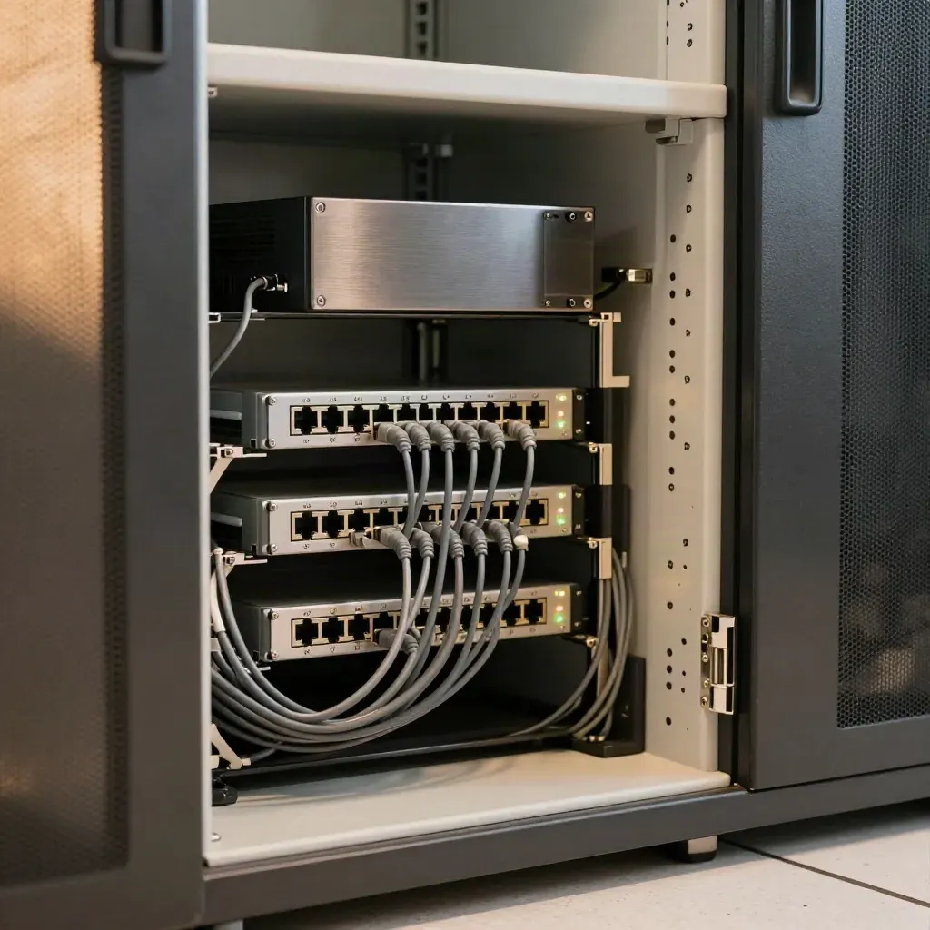 Switch, cavi ordinati, UPS e armadio server chiuso in uno studio contabile
