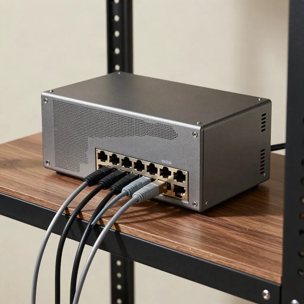 Firewall, cappucci Ethernet, cavi patch e pettine metallico su mensola tecnica scura.