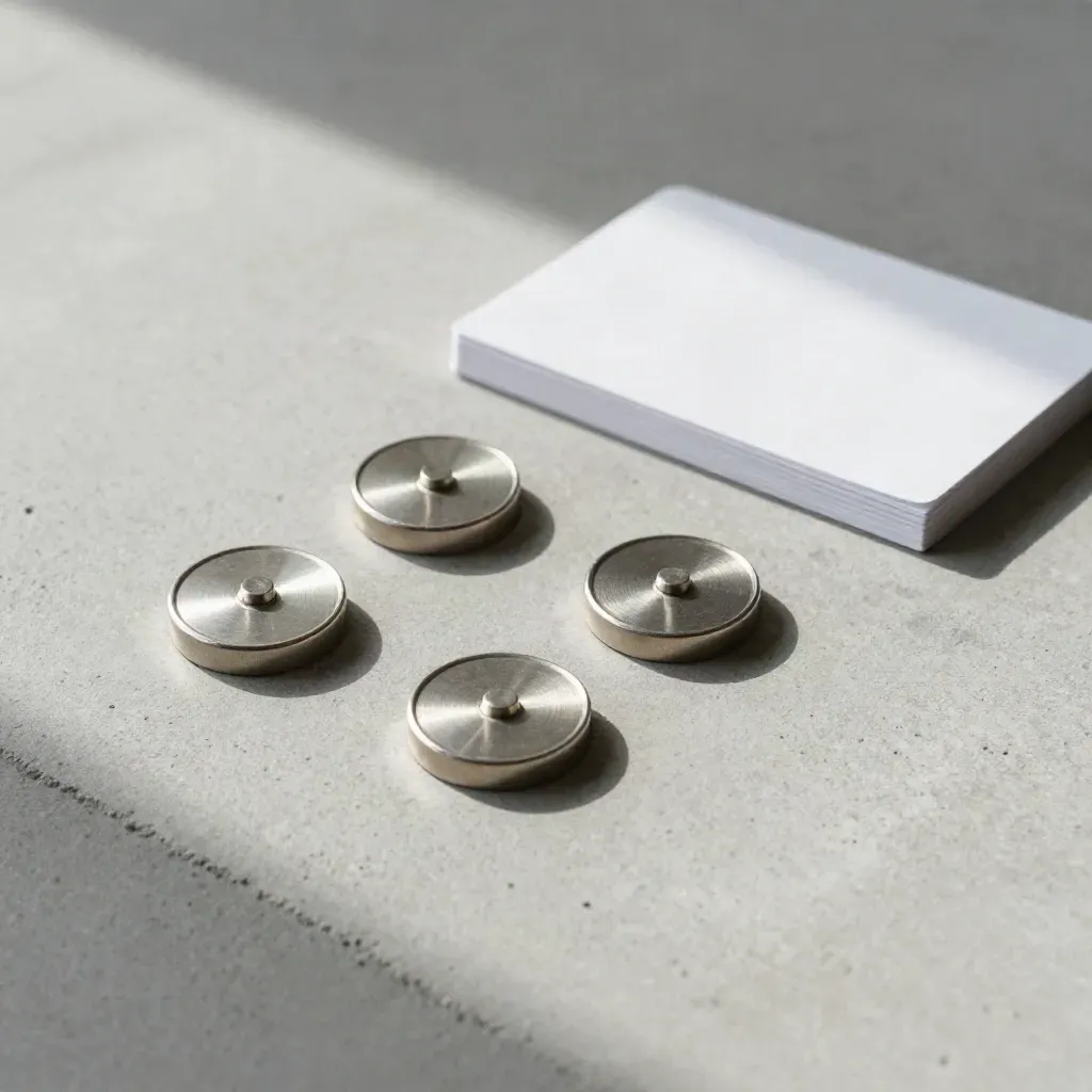 Gettoni magnetici, clip metalliche e custodia bianca su cemento chiaro.