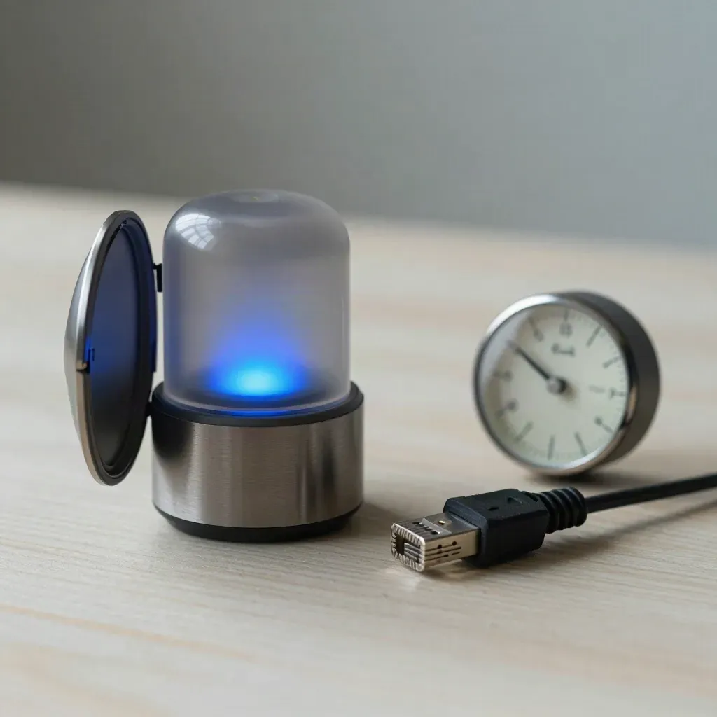 Beacon di stato, disco backup sigillato, plug rete e timer su legno chiaro